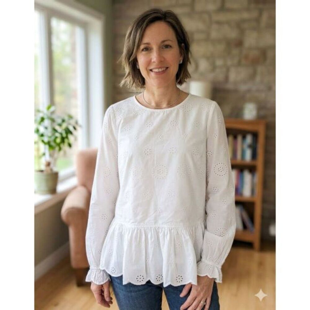 Crown Ivy Womens PL White Eyelet Blouse Ruffle Long Sleeve Pullover Preppy Top